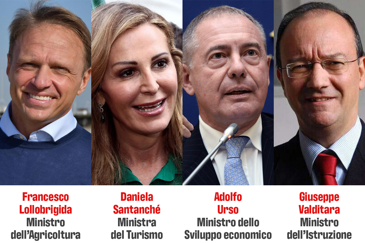 Francesco Lollobrigida, Daniela Santanché, Adolfo Urso e Giuseppe Valditara  Governo Meloni, ecco i ministri: Lollobrigida all'Agricoltura, Santanché al Turismo