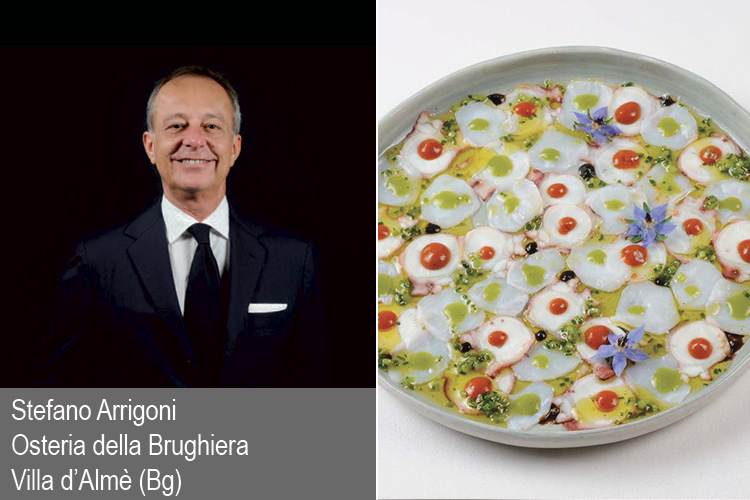 Il patron Stefano Arrigoni e la Piovra di Porto Santo Spirito di Stefano Gelmi (Piovra di Porto Santo Spirito al lardo di piovra e abete)