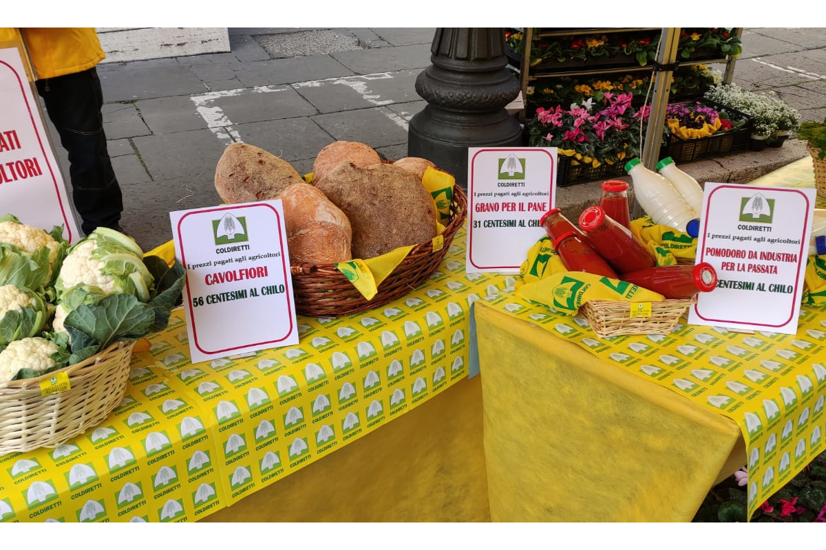 Prodotti Coldiretti in mostra sul tavolo della verità Agricoltori in piazza contro caro energia e materie prime