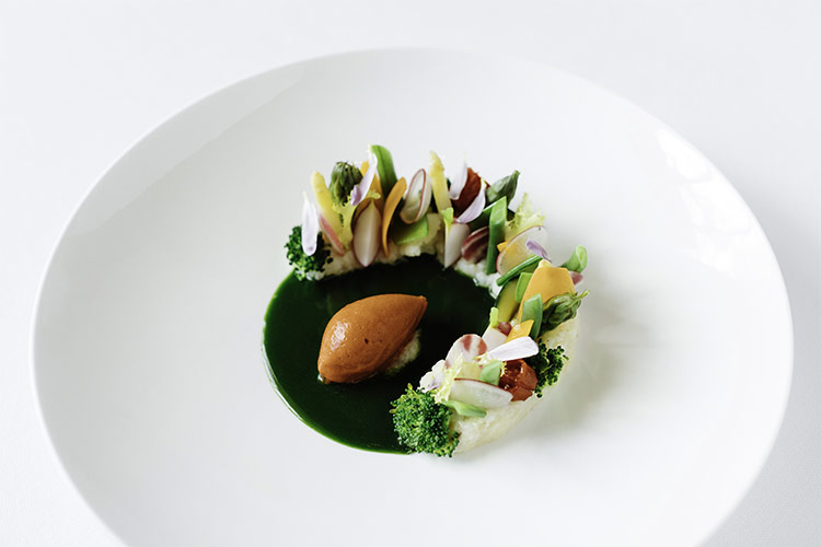 Cotto e crudo di verdure con purea di zucca e gelato ai porcini