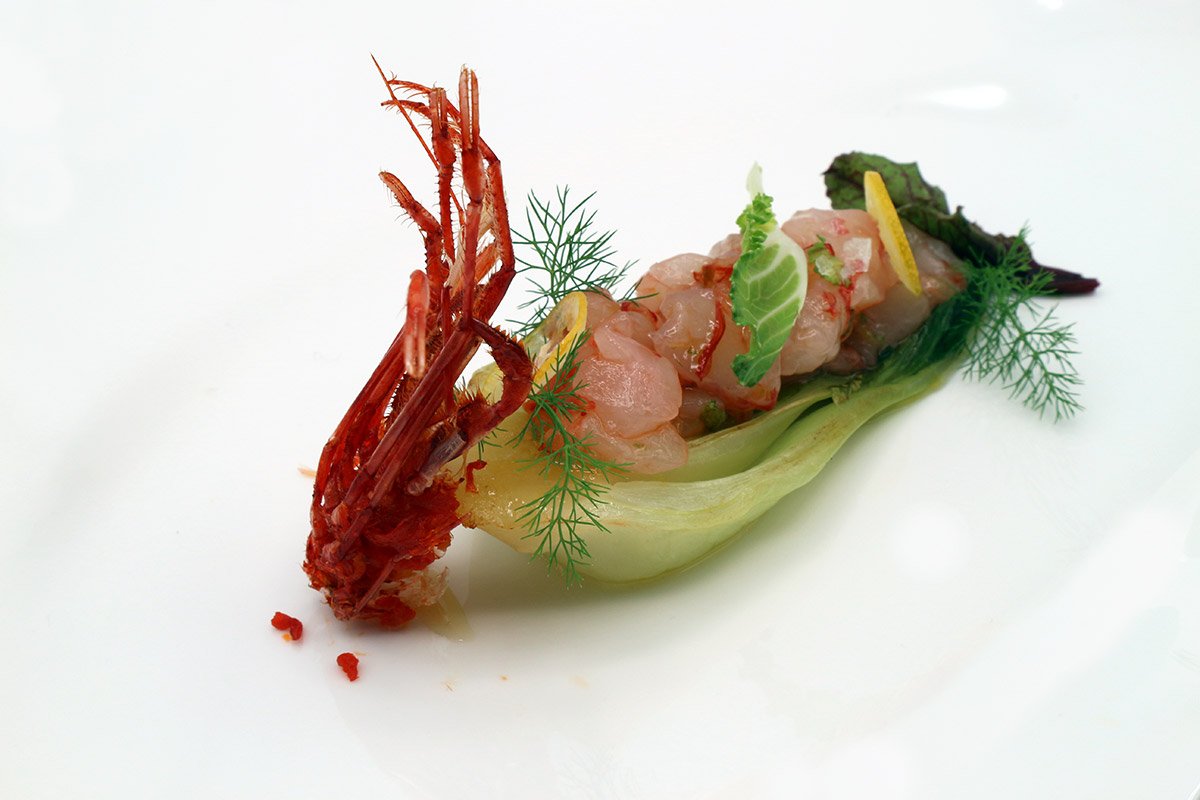 Gambero rosso, pak choi, kumquat