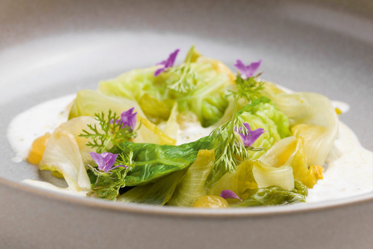 Gyoza di granceola, scarola, mango, latte di cocco e olio alla borragine