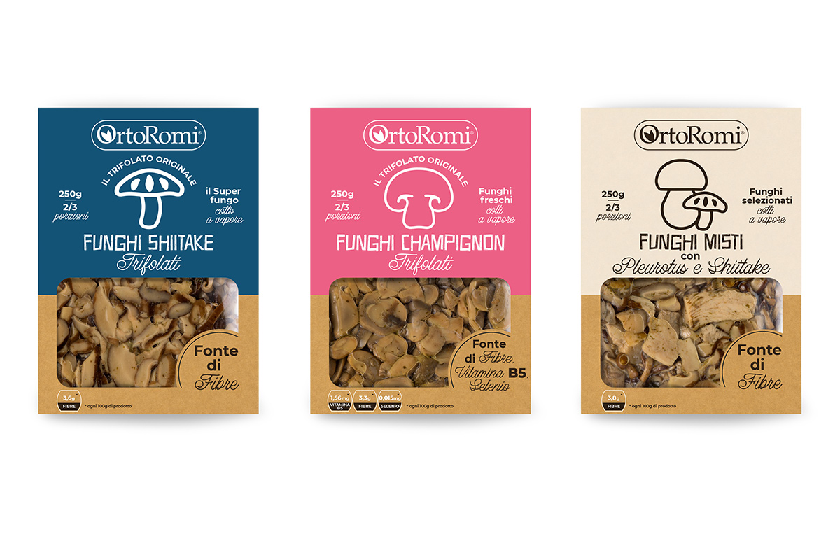 Le tre referenze novit&agrave; proposte da OrtoRomi Il gusto della V gamma di OroRomi&nbsp; Sullo scaffale i funghi superfood