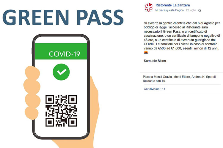 Il post del ristorante, nel mirino degli anti Green Pass