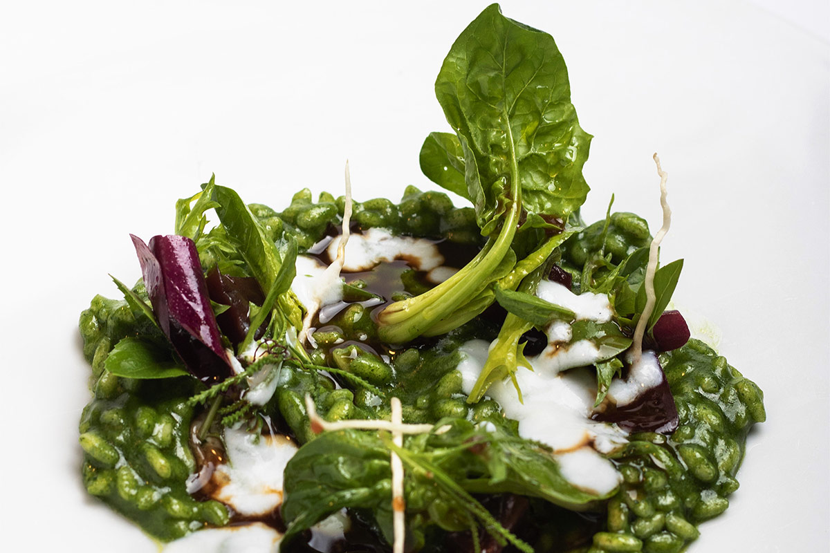 Risotto, radici, erbe di campo e lepre Risotto, radici, erbe di campo e lepre