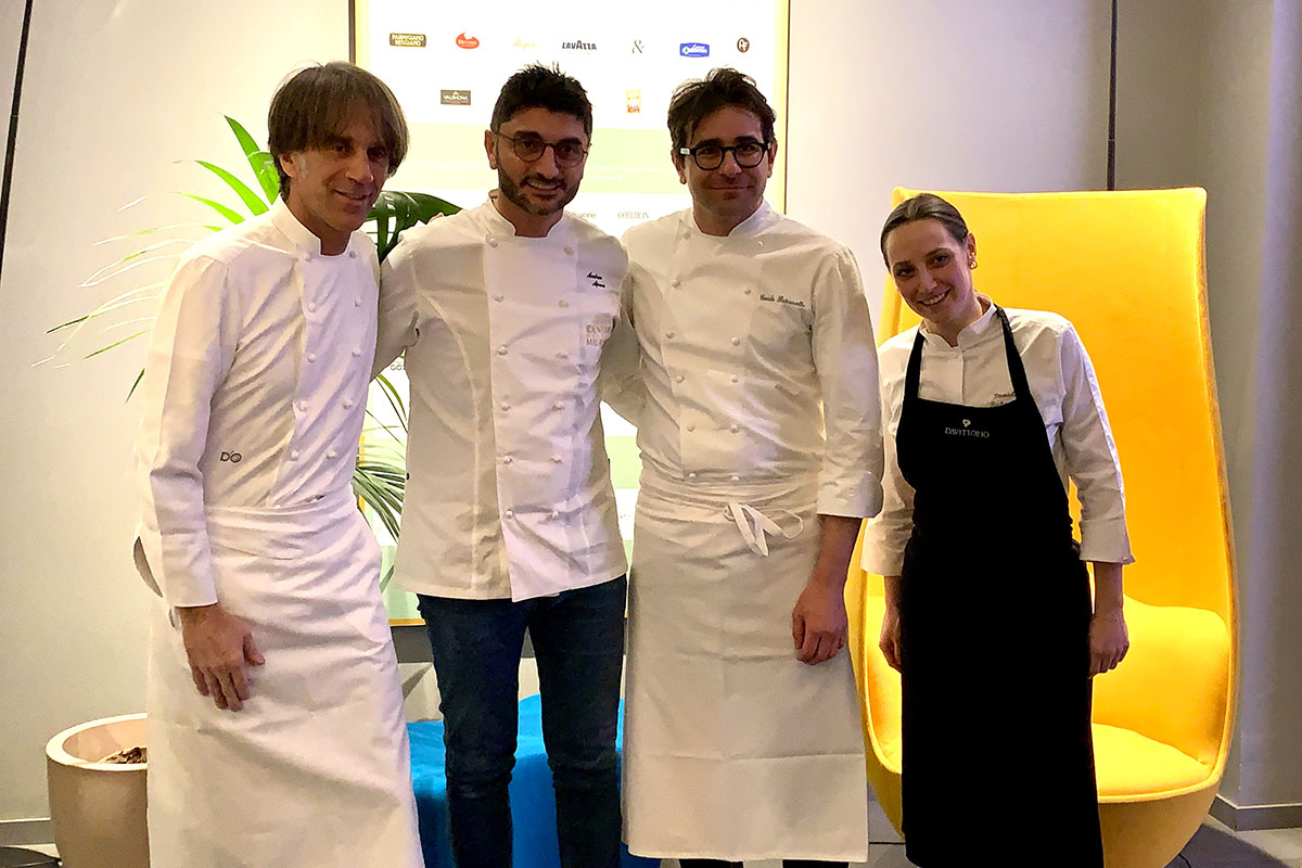 Davide Oldani, Andrea Aprea, Guido Paternollo, Daniela Kuhnreich, pasticcera presso Da Vittorio L’alta cucina a sostegno della Fondazione Cotarella contro i disturbi del comportamento alimentare