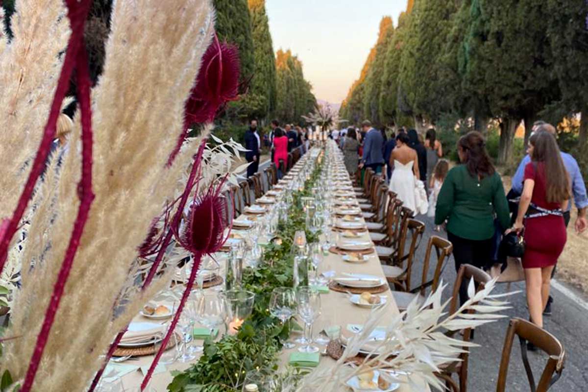 La tavolata lungo il Viale dei Cipressi in attesa degli ospiti Bolgheri DiVino, fra i protagonisti il risotto Regina Vittoria di Enrico Derflingher