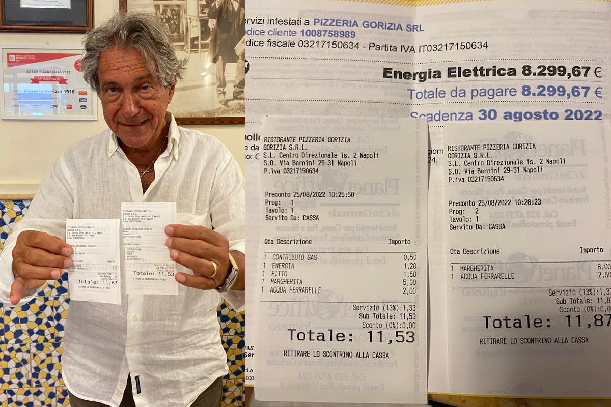 Salvatore Grasso mostra lo scontrino con i prezzi di Energia, fitto e gas Il caro bollette finisce nello scontrino: accanto al prezzo della pizza anche luce, gas e affitto