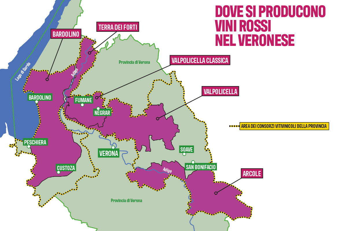 Mappa delle aree del veronese in cui si producono vini rossi Verona e dintorni, terre di grandi vini rossi e ricca biodiversità