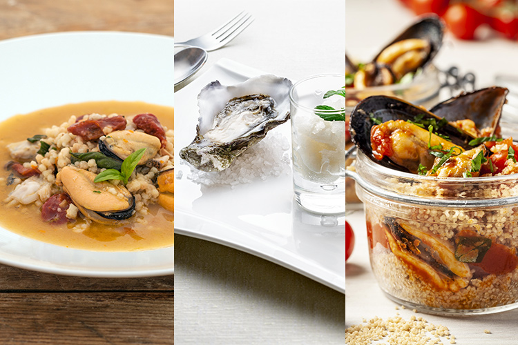 Fregola con cozze e arselle; Ostrica e limone, bottarga e sedano; Barattolini di cous cous con cozze e pomodorini - Il sapore del mare in tavola Da Nieddittas le ricette per l’estate