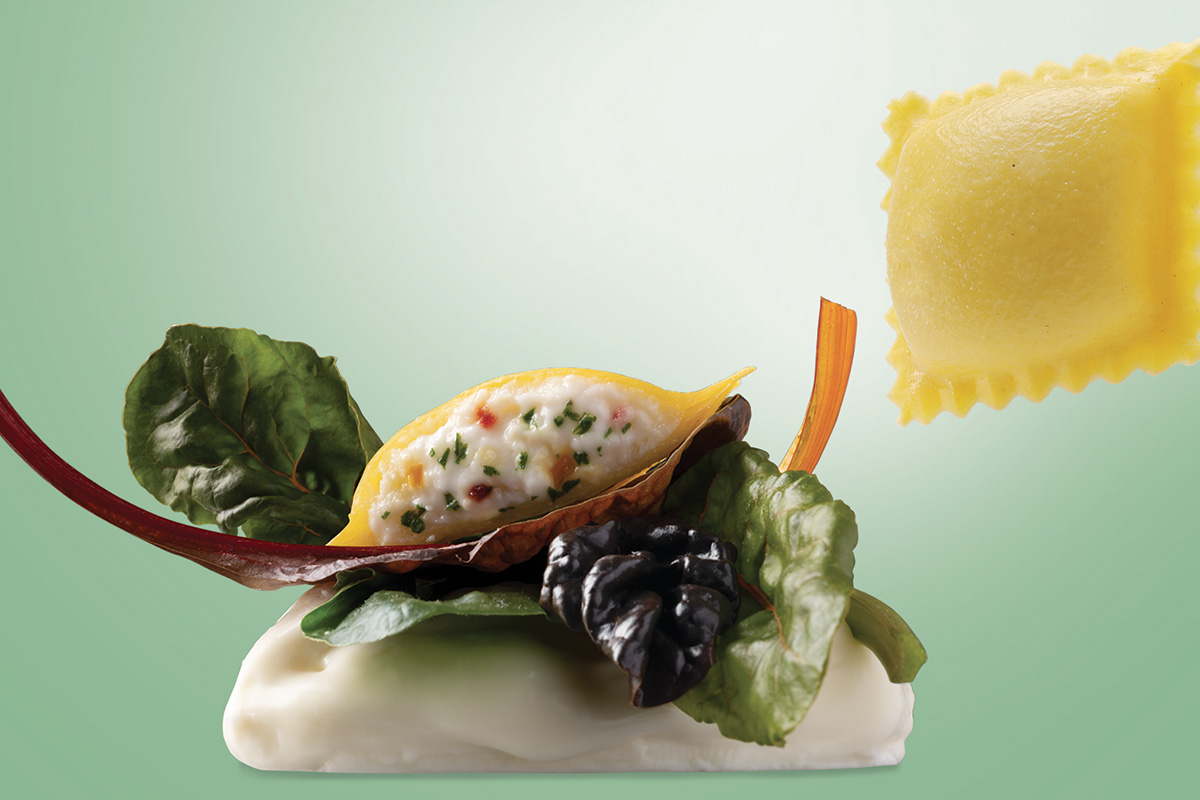 Scrigni: pasta fresca ripiena di Squacquerone di Romagna Dop, erbette di campo e briciole di piadina Scrigni: da Surgital la pasta fresca ufficiale di Identit&agrave; Golose