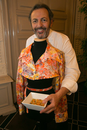 Filippo La Mantia presenta Zuppetta di cous-cous di Alce Nero con la bottarga di tonno, lime e centrifugato di sedano; Trancio di Camicia l'abito in abbinamento