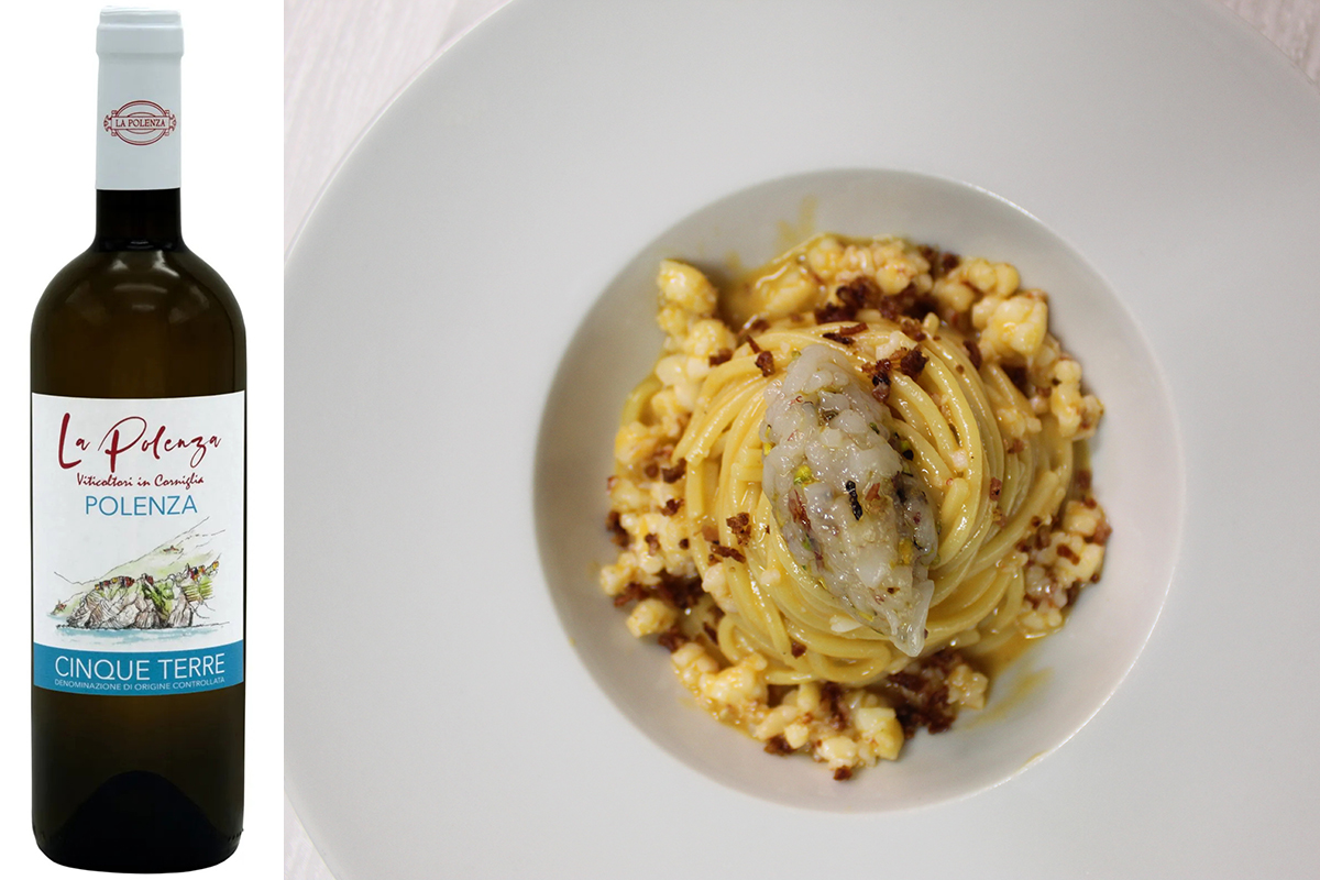 Cinque Terre Doc La Polenza con “Carbonara di gamberi con tartare di gambero al pistacchio e guanciale croccante” di Francesco Restivo del Ristorante Il Chiostro a Cimitile (Na), socio Euro-Toques Italia £$L’Italia del vino:$£ tre calici delle Cinque terre