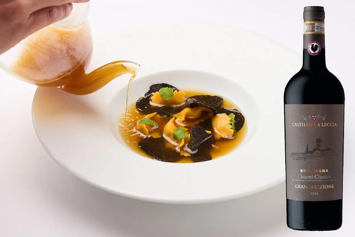 Agnolotti con ripieno di fumnghi in consommè e tartufo nero, ricetta di Umberto Bomabana, socio Euro-Toques  £$L’Italia del vino:$£ Chianti Classico rinomato in Italia e nel mondo