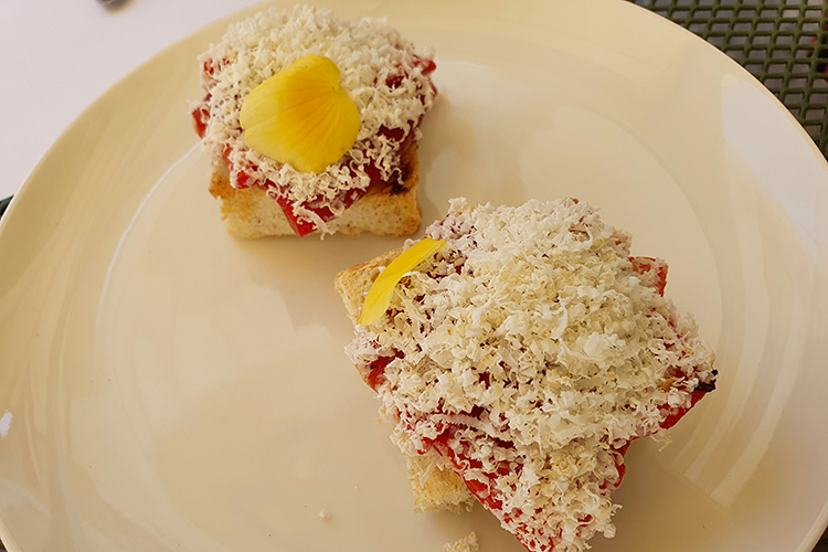 Crostone di pane casereccio con peperoni di piquillo e ricotta al forno (Nikita Sergeev nelle Marche 
ha reso il lockdown un'opportunità)